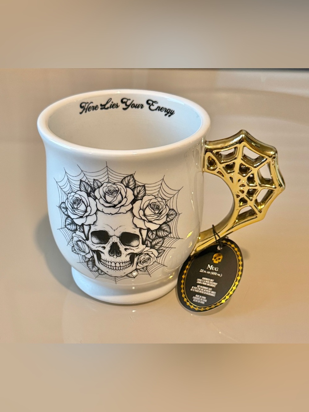 Skull & Roses Mug with Gold Spiderweb Handle - 22oz